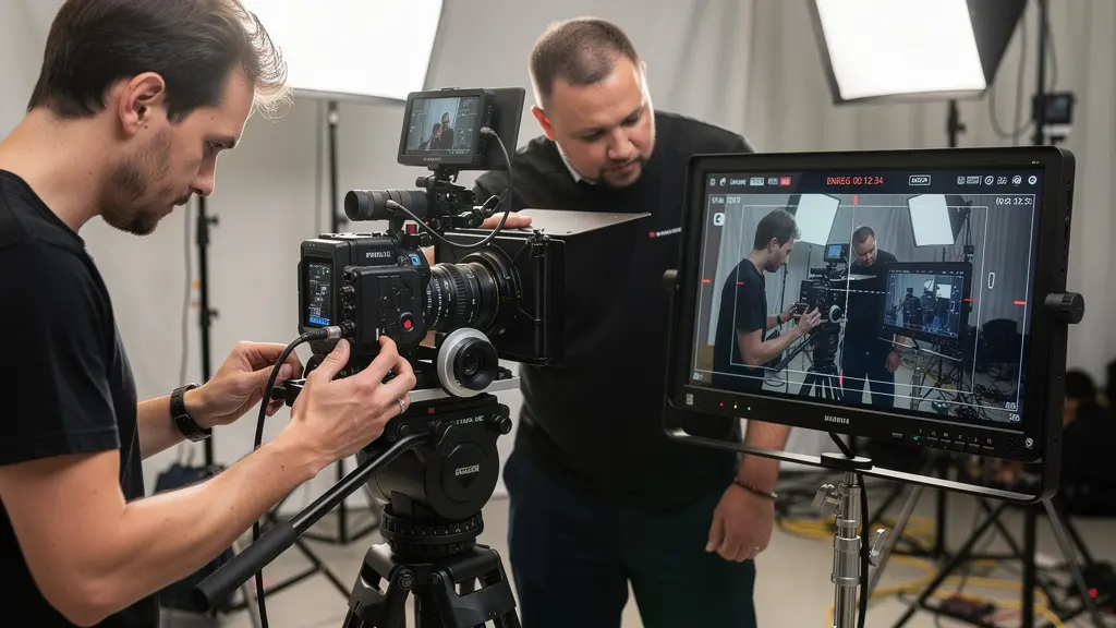 Équipe technique préparant matériel de location audiovisuel sur plateau de tournage professionnel
