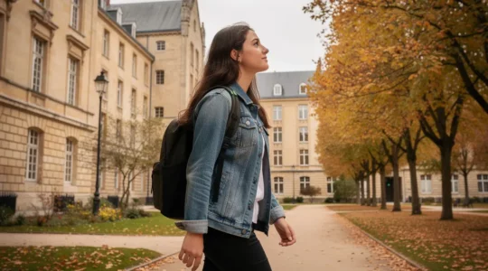 Étudiante en école de commerce marchant sur un campus universitaire dijonnais