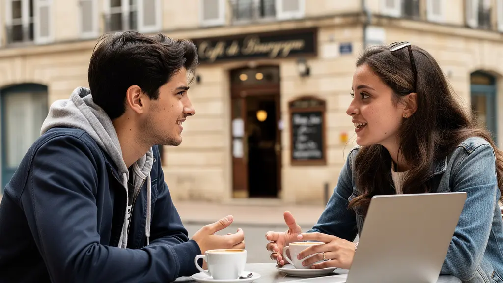 Deux étudiants discutant vie étudiante à une terrasse de café dijonnaise