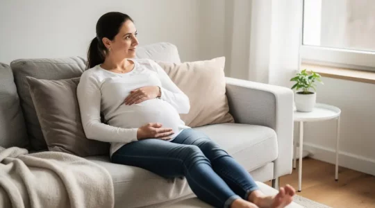 Femme enceinte détendue sur canapé avec jambes surélevées pour soulager la circulation