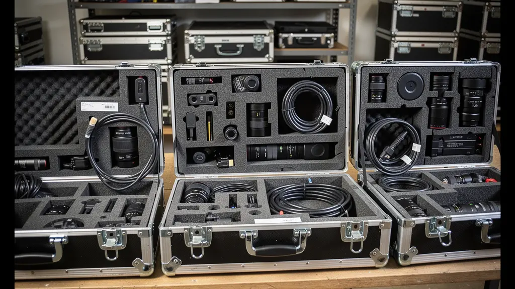Valises flight cases professionnelles ouvertes montrant équipement audiovisuel rangé et protégé