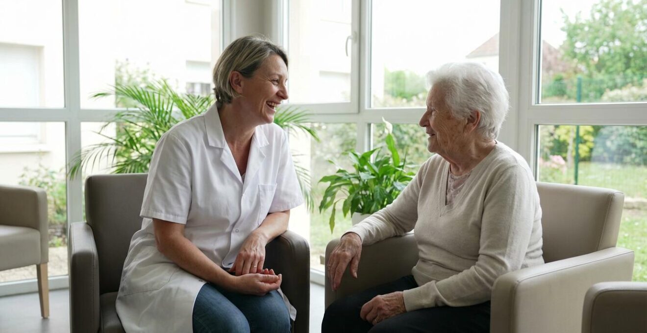 Infirmière discutant avec une résidente âgée dans un salon lumineux d'EHPAD