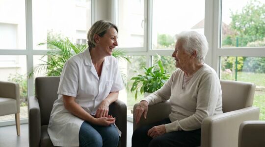 Infirmière discutant avec une résidente âgée dans un salon lumineux d'EHPAD