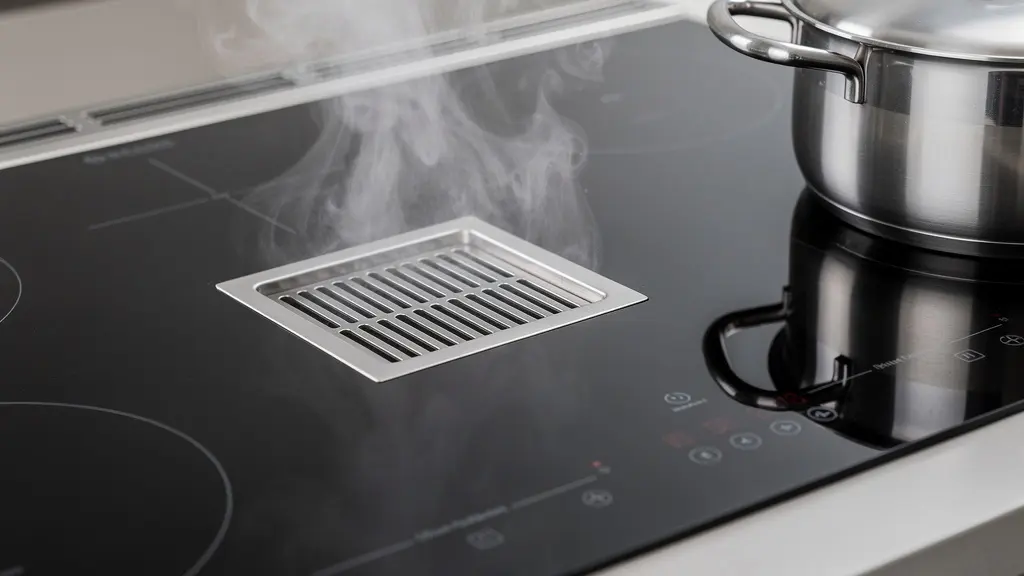 Surface de cuisson induction avec grille d'aspiration centrale visible et vapeur aspirée