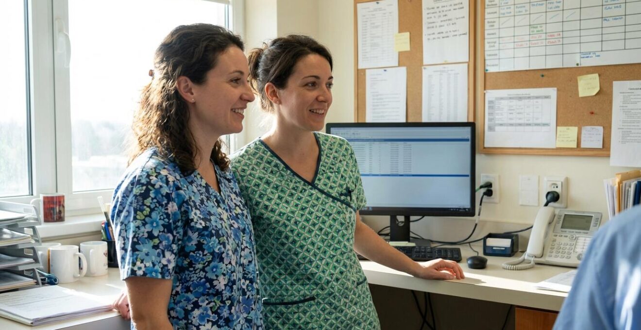 Réunion d'équipe soignante dans le poste infirmier d'un EHPAD