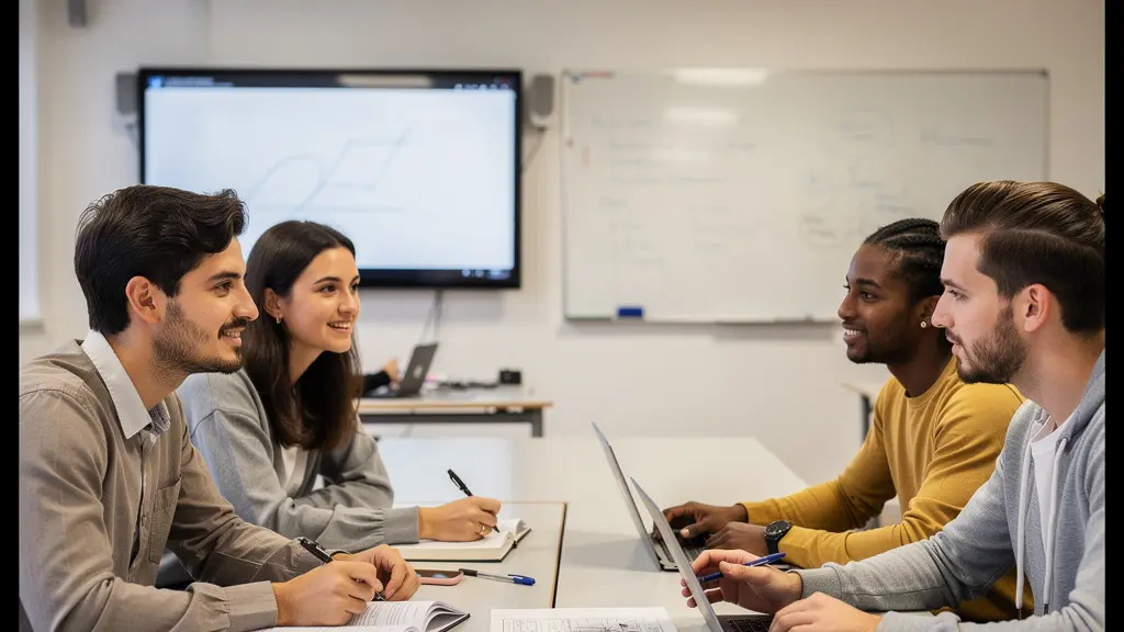 Étudiants en école de commerce Dijon travaillant en groupe sur un projet