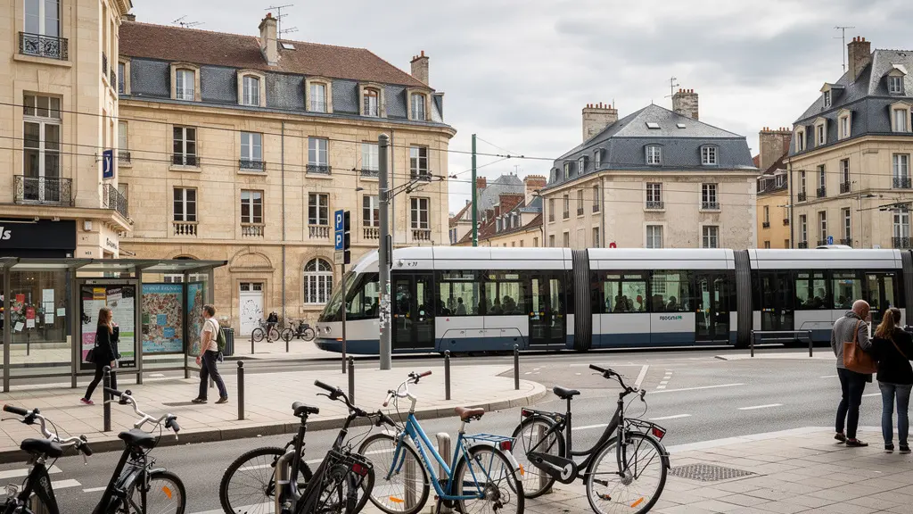 Vue du centre-ville de Dijon avec tramway et vélos, mobilité douce étudiante