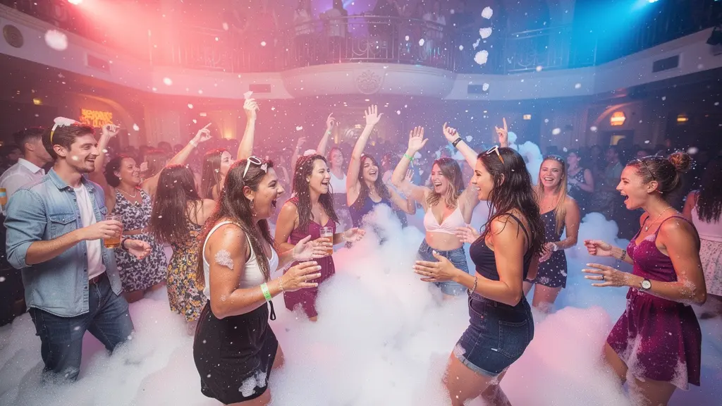 Foule dansant dans un nuage de mousse légère lors d'une soirée événementielle
