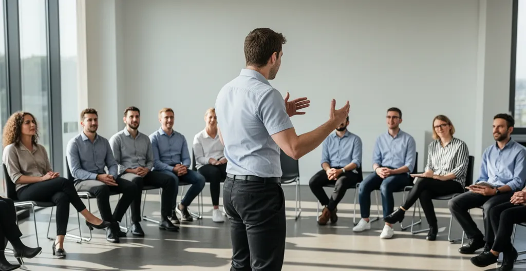 Animateur professionnel guidant un groupe lors d'une animation de cohésion