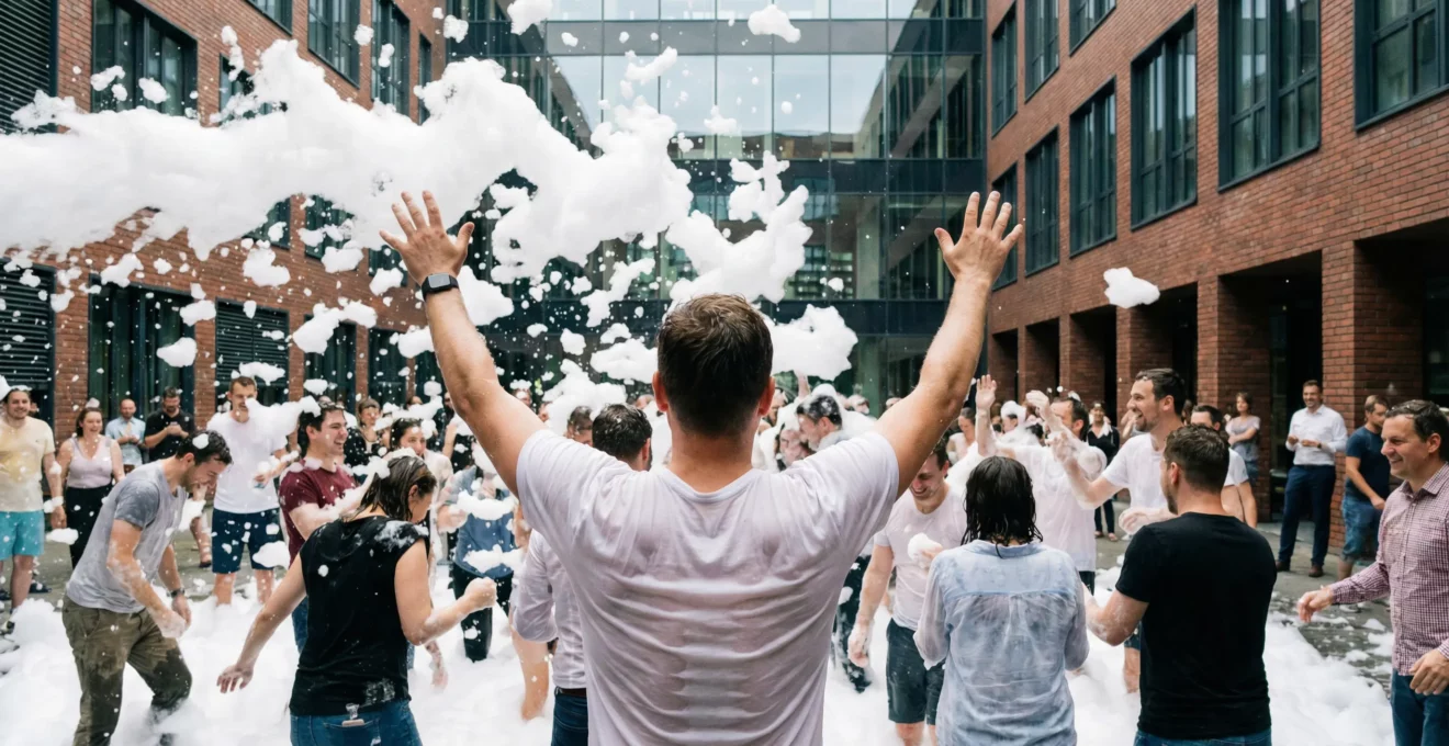 Animation mousse party professionnelle avec nuages de mousse dense en extérieur
