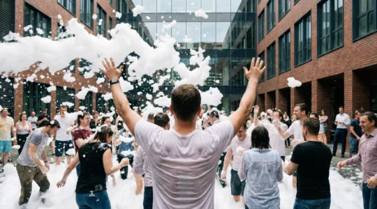 Animation mousse party professionnelle avec nuages de mousse dense en extérieur