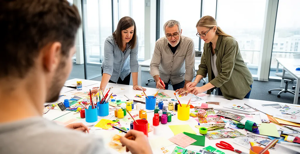 Équipe mixte concentrée sur un atelier créatif de team building