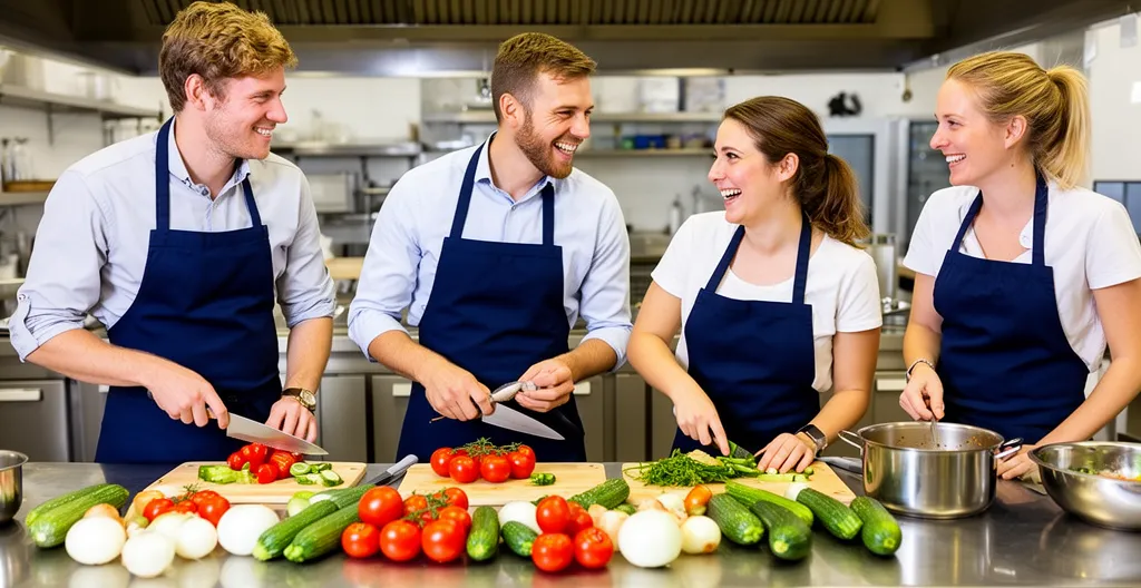 Collaborateurs préparant un plat ensemble lors d'un atelier culinaire team building