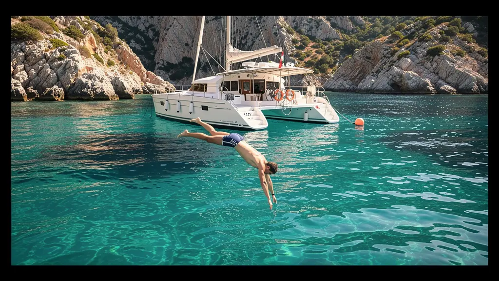 Baignade dans une crique corse depuis un catamaran au mouillage
