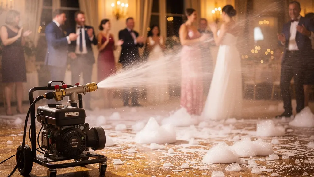 Canon à mousse projetant de la mousse légère sur une piste de danse de mariage