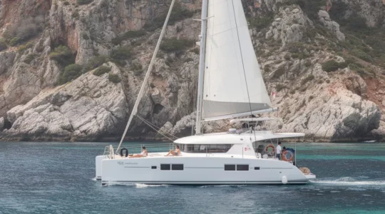 Catamaran naviguant le long des côtes rocheuses corses en Méditerranée