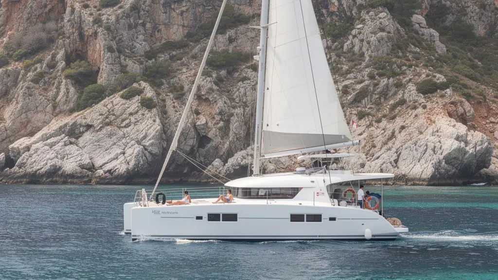 Catamaran naviguant le long des côtes rocheuses corses en Méditerranée