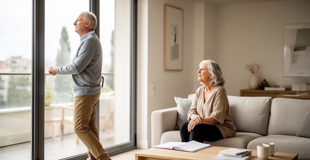 Couple sexagénaire en réflexion dans leur salon face à un dossier de vente LMNP