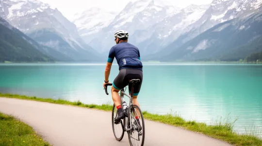 Cycliste sur la voie verte longeant le lac d'Annecy avec vue sur les montagnes