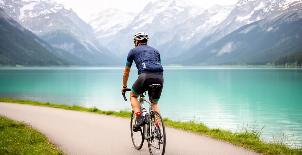 Cycliste sur la voie verte longeant le lac d'Annecy avec vue sur les montagnes