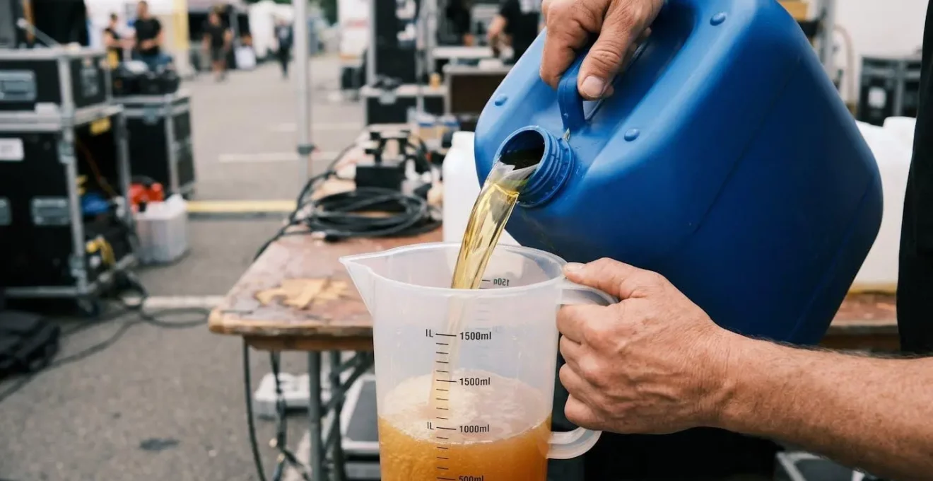 Versement précis du concentré mousse dans un récipient gradué pour respecter le dosage