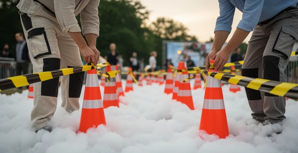 Équipe événementielle préparant zone mousse party sécurisée