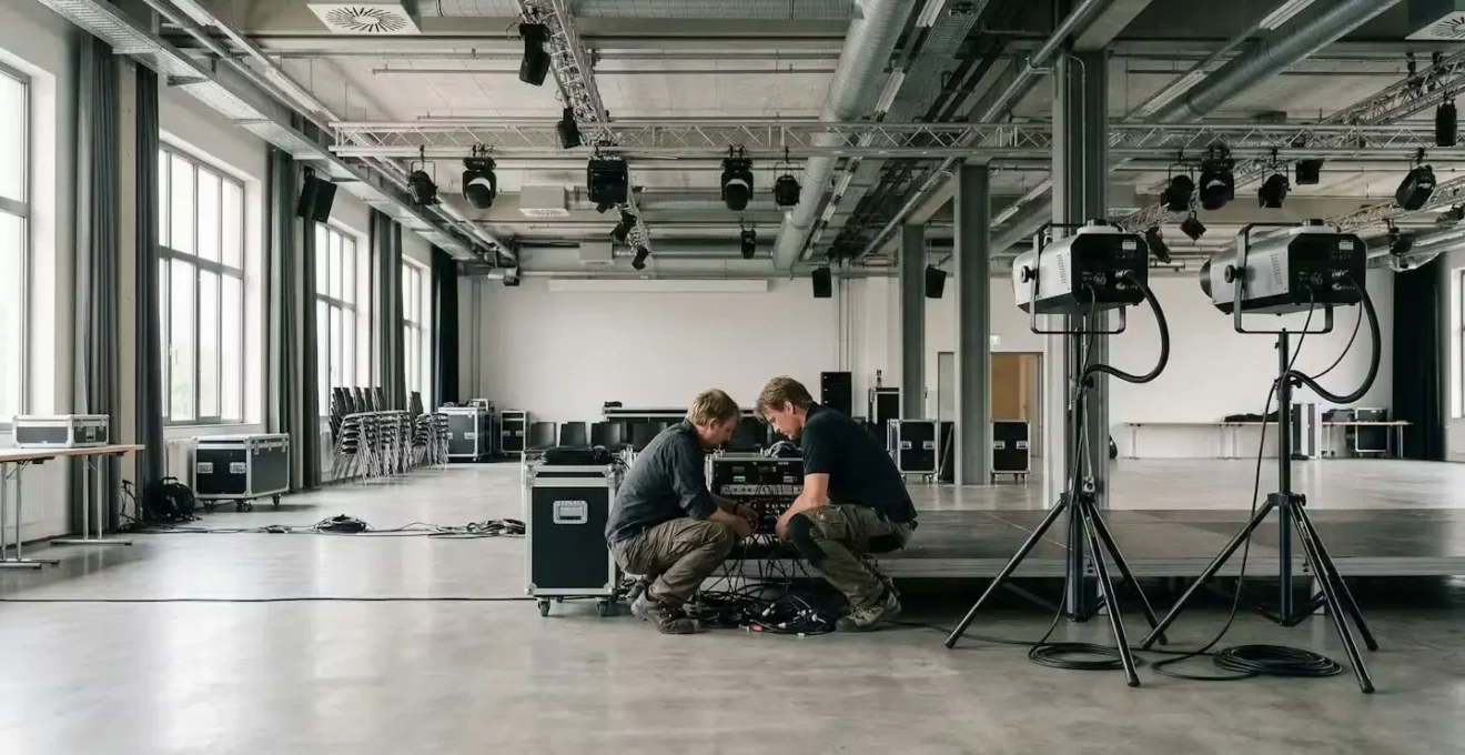 Salle événementielle avec équipement mousse installé et ventilation visible