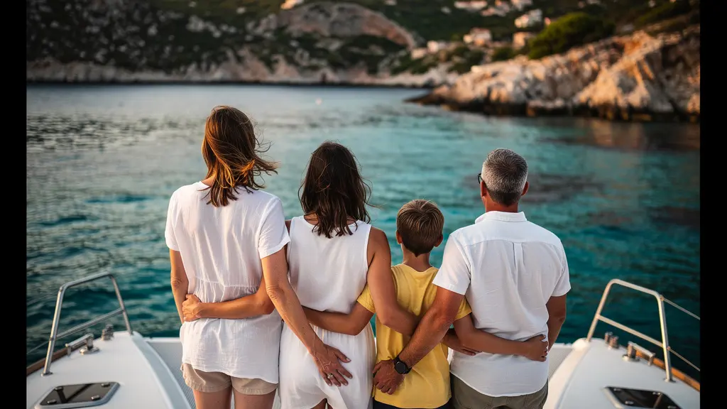 Famille observant les côtes corses depuis le pont d'un catamaran au mouillage
