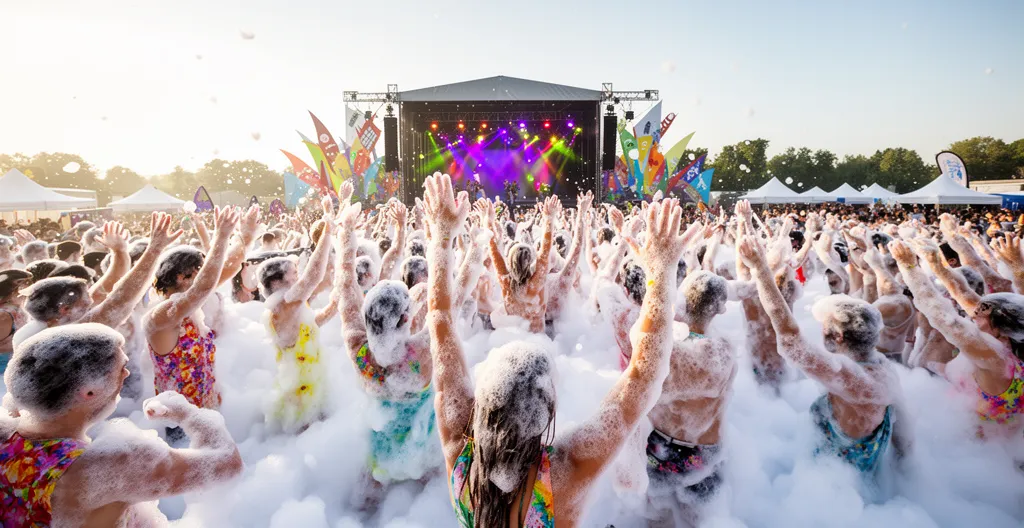 Participants profitant d'une animation mousse party lors d'un festival extérieur