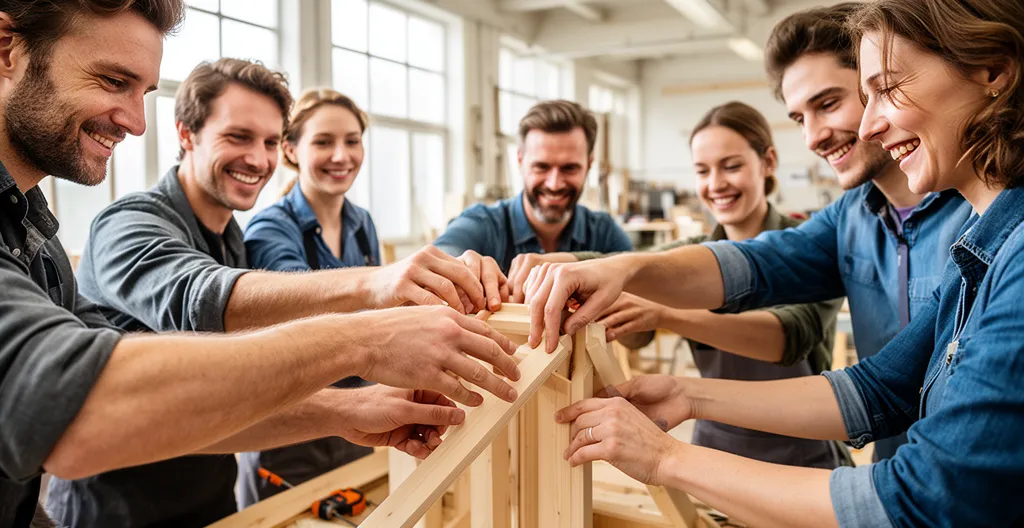 Équipe de collaborateurs assemblant une structure collective lors d'un team building