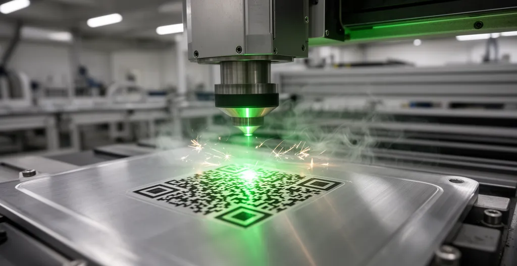 Machine laser industrielle gravant un QR code de traçabilité sur pièce aluminium