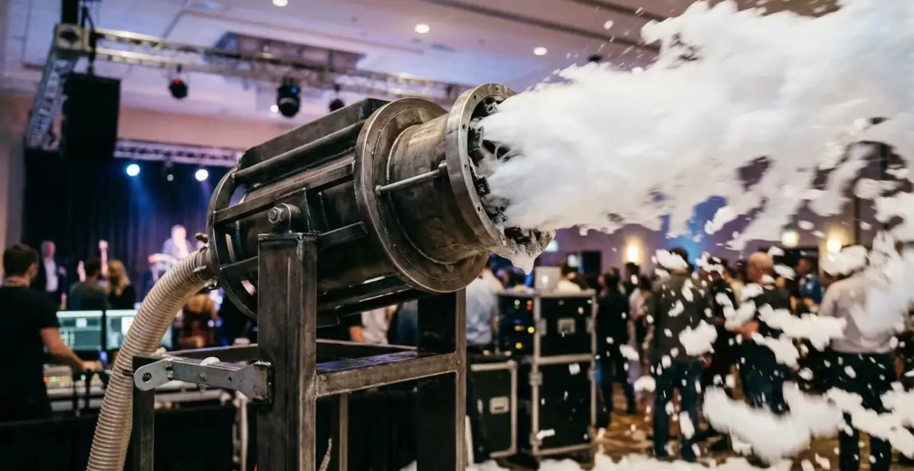 Canon à mousse professionnel projetant mousse blanche dense lors d'une animation