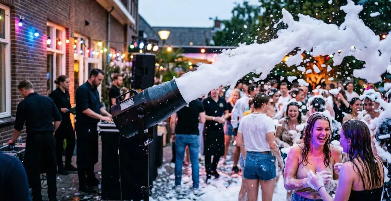 Machine à mousse professionnelle projetant de la mousse dense lors d'une soirée événementielle