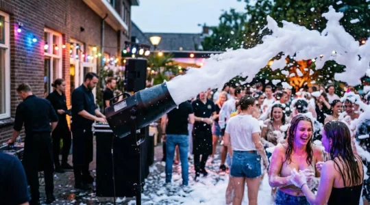 Machine à mousse professionnelle projetant de la mousse dense lors d'une soirée événementielle