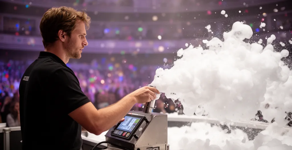 Machine à mousse professionnelle en fonctionnement avec technicien ajustant les paramètres