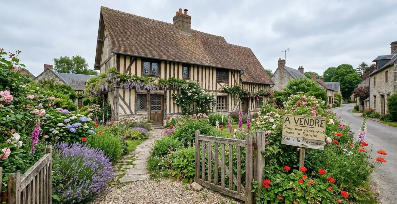Maison normande à colombages typique avec jardin fleuri, secteur Beuzeville Eure
