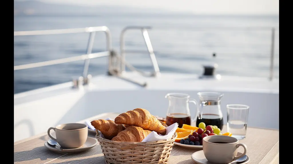 Petit-déjeuner servi sur le pont d'un catamaran avec vue sur la Méditerranée