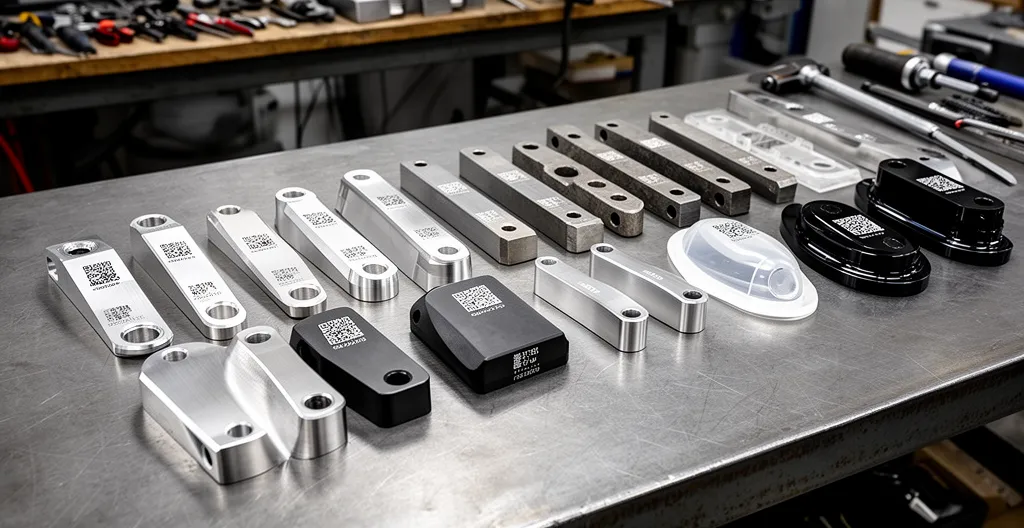 Collection de pièces industrielles gravées au laser montrant différents matériaux et types de marquage