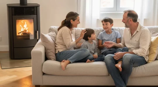 Famille dans un salon avec poêle à granulés allumé