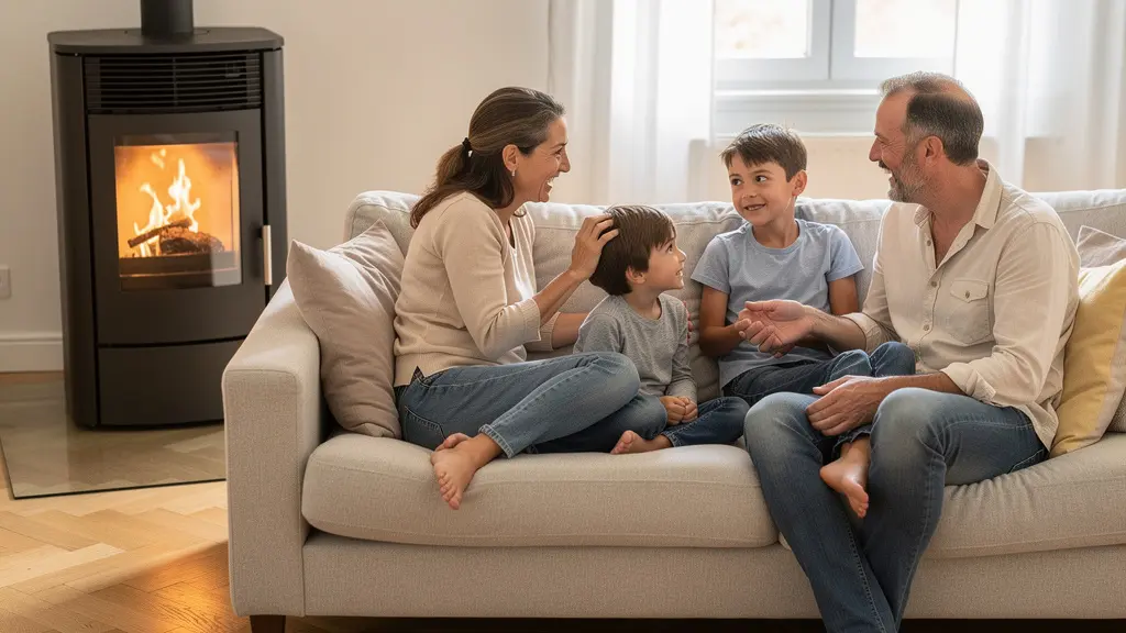 Famille dans un salon avec poêle à granulés allumé