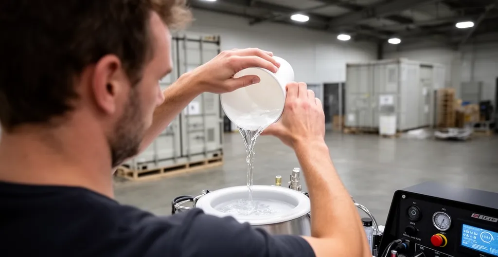 Technicien versant du concentré liquide mousse dans un réservoir de machine professionnelle