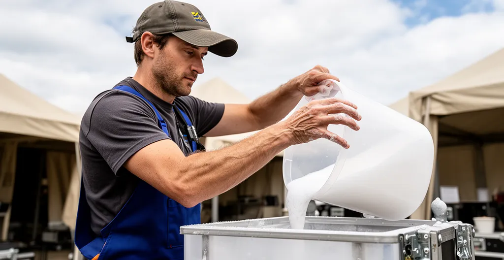 Préparation du mélange liquide à mousse avant une animation événementielle