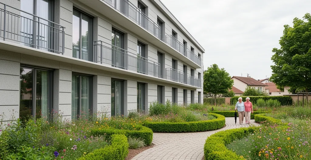 Façade moderne d'une résidence seniors avec jardin paysager