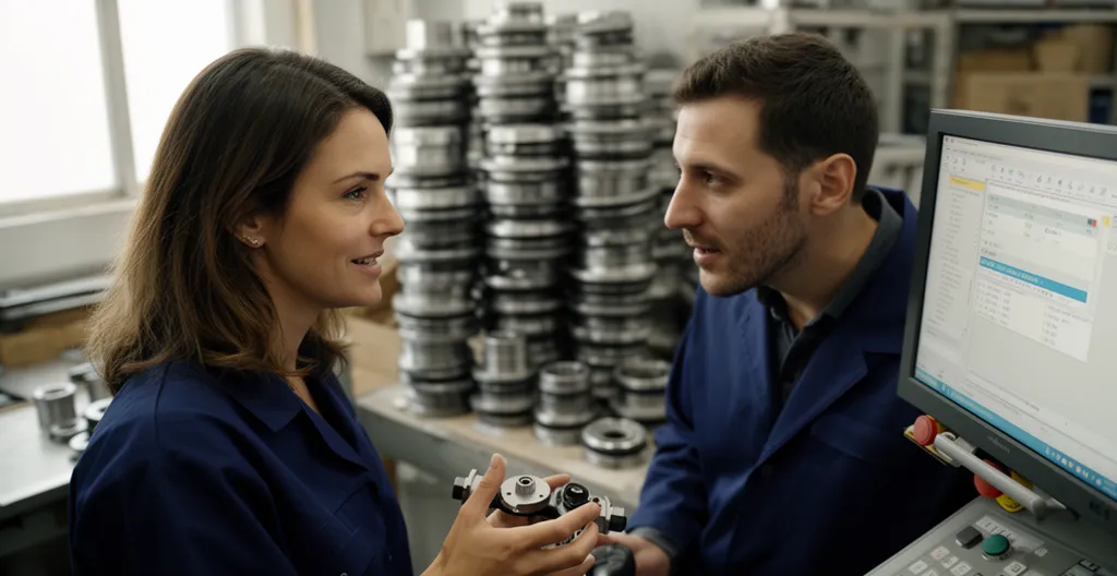 Responsable de production analysant des pièces marquées au laser avec une collègue au poste de contrôle