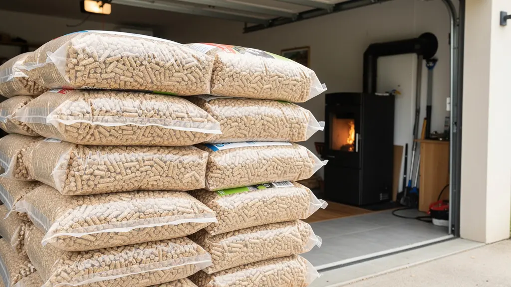Stockage de sacs de granulés dans un garage