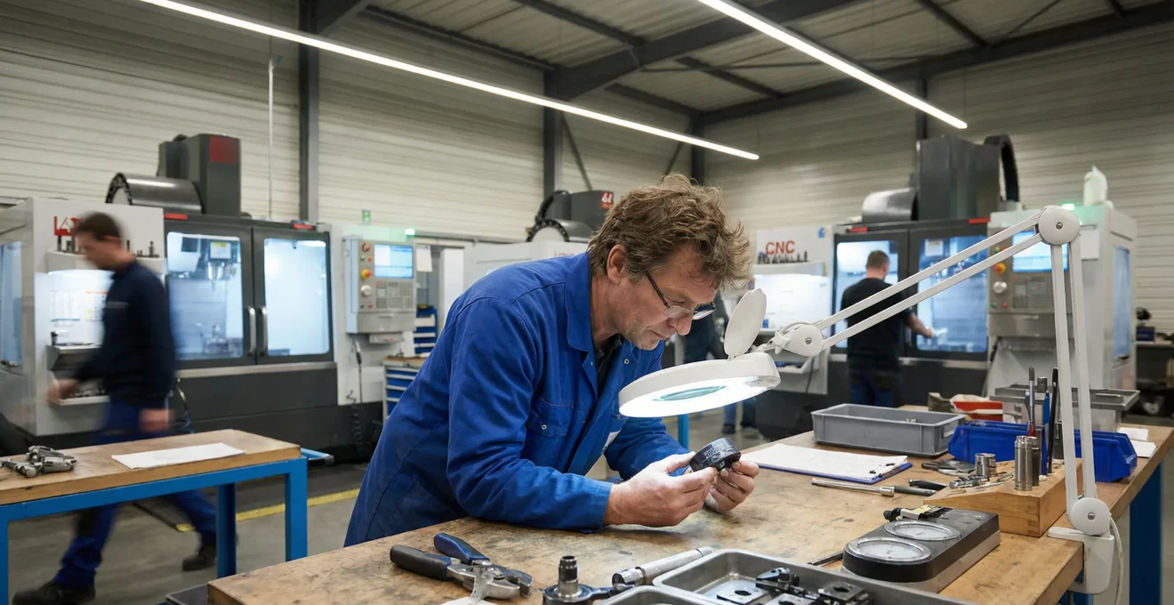 Technicien industriel inspectant des pièces métalliques marquées au laser dans un atelier de production