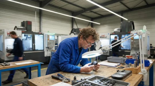 Technicien industriel inspectant des pièces métalliques marquées au laser dans un atelier de production