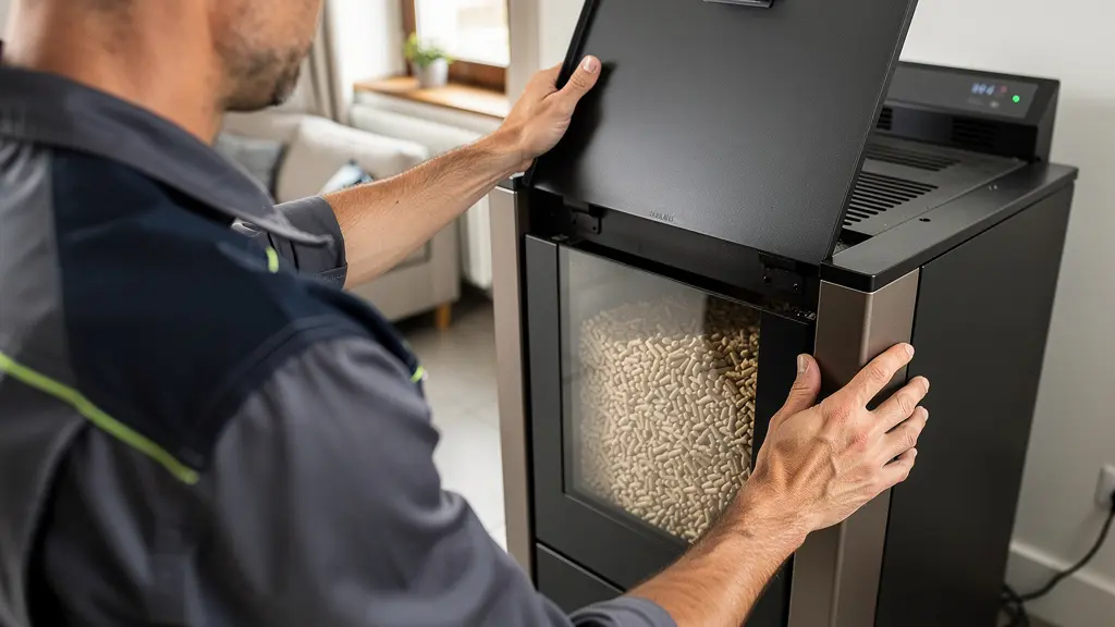 Technicien inspectant un poêle à granulés