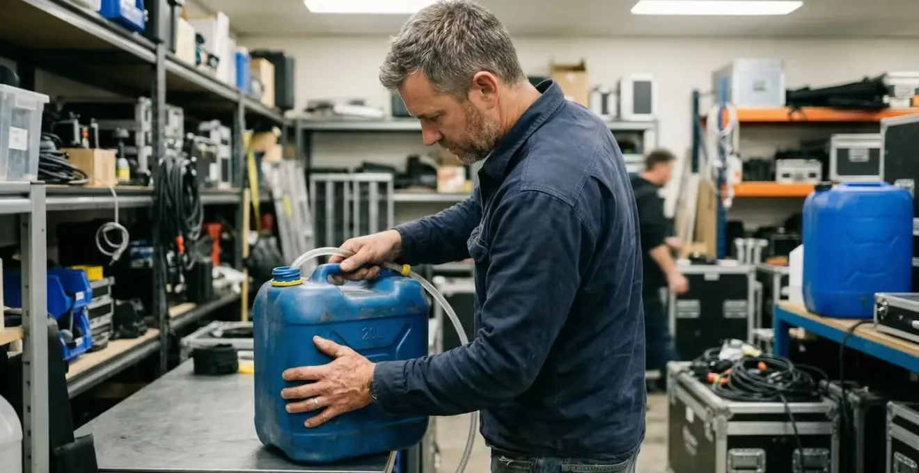 Technicien événementiel préparant le mélange de liquide mousse Efikace en backstage