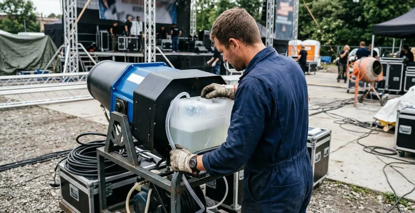 Technicien événementiel vérifiant le niveau de mélange dans le réservoir d'une machine à mousse